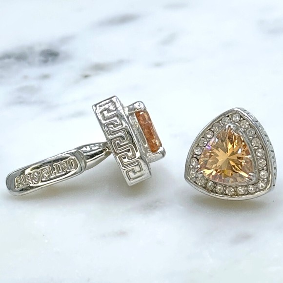 Angelino Silver Tone Orange Rhinestone Meander Border Greek Motif Cufflinks